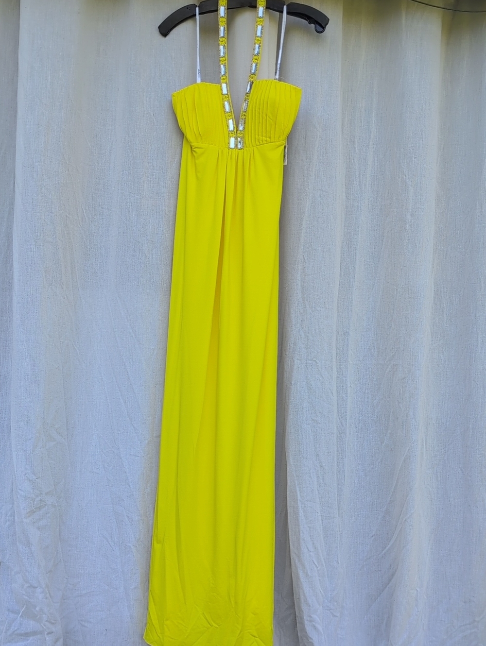 Tony Bowls 9085 - Size 16 Bright Yellow Beaded Halter Maxi Dress